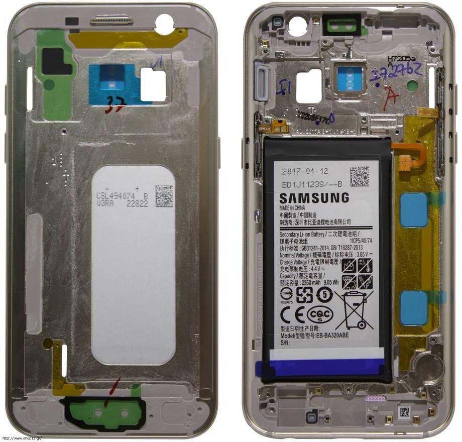 Samsung Galaxy A3 2017 SM-A320F Gold Replacement Middle Chassis Cover Fascia Housing Side Buttons & Battery