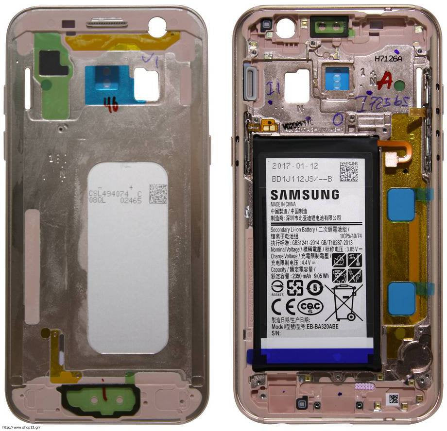 Samsung Galaxy A3 2017 SM-A320F Pink Replacement Middle Chassis Cover Fascia Housing Side Buttons & Battery