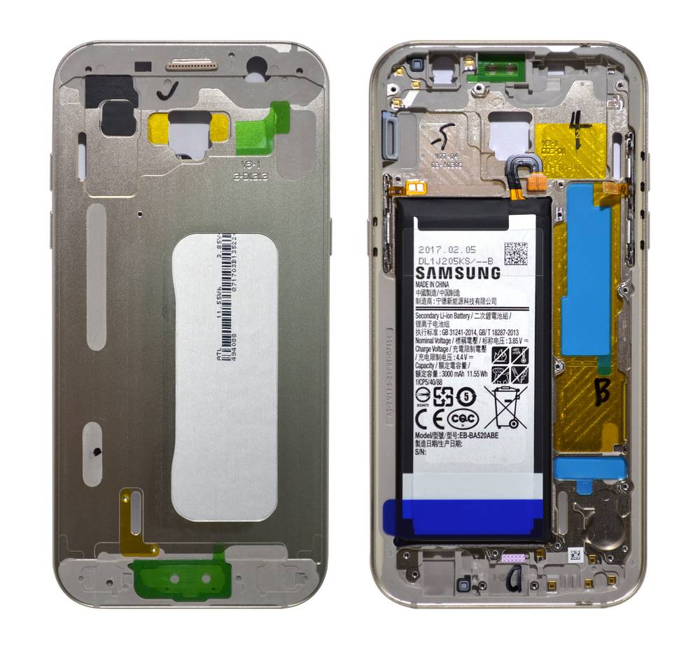 Samsung Galaxy A5 2017 SM-A520F Gold Replacement Middle Chassis Cover Fascia Housing Side Buttons & Battery