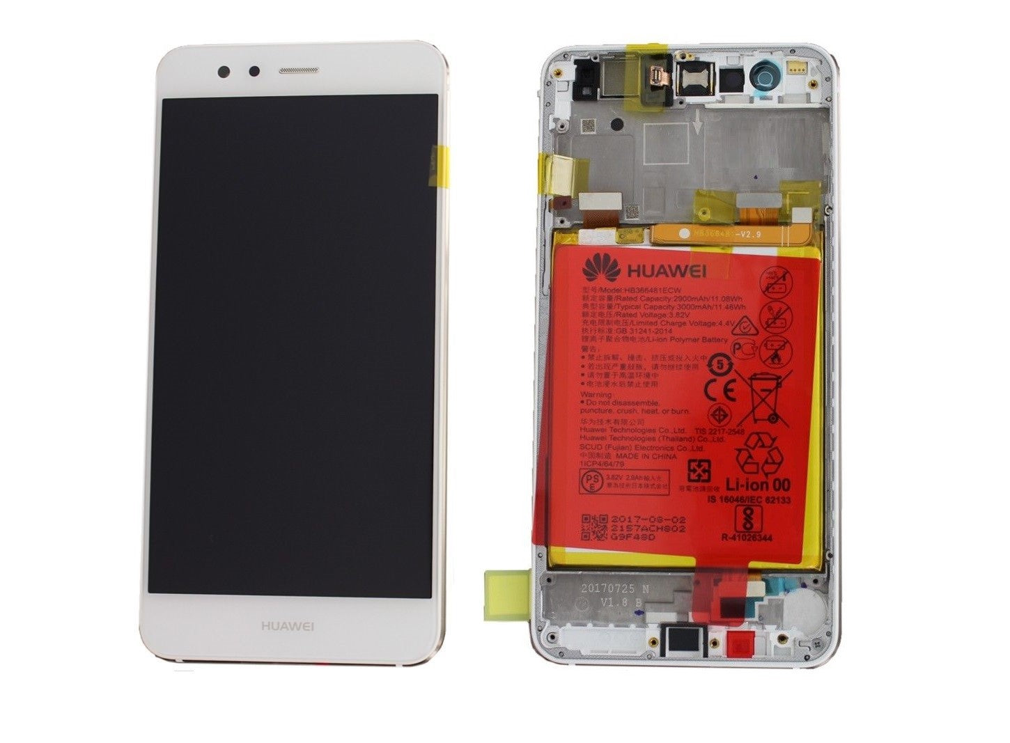 Huawei P10 Lite Lcd Screen Display Digitizer Touch Original Genuine Complete Replacement White With Battery + Frame