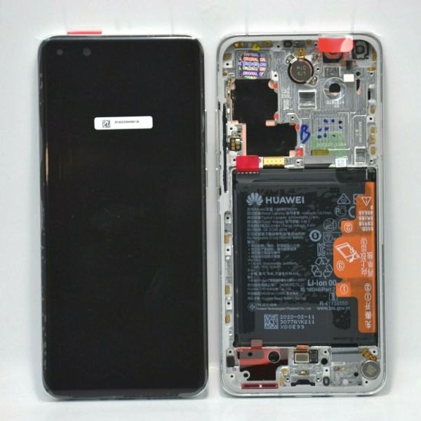 Huawei P40 Pro Lcd Screen Display Digitizer Touch Original Genuine Complete Replacement Ice White With Battery + Frame